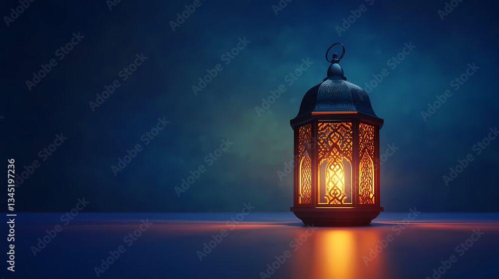 Fototapeta premium Enlightened Reverie: A luminous lantern casts a warm glow against a backdrop of deep blues, evoking a sense of peace and contemplation.