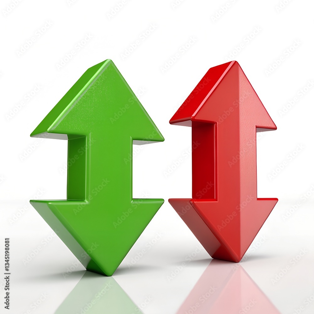 Arrows of Change: Two vibrant arrows, one ascending in verdant green, the other descending in bold red, symbolize growth, decline, and the dynamic forces of movement. Arrows of Change: Two vibrant arrows, one ascending in verdant green, the other descending in bold red, symbolize growth, decline, and the dynamic forces of movement.