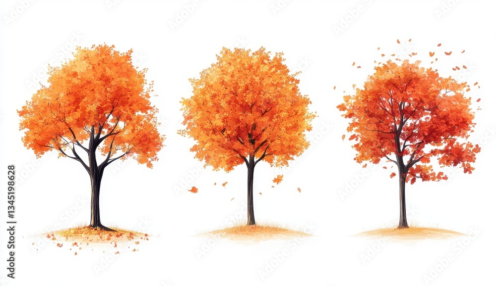 Naklejka premium Autumn's Embrace: Three trees showcase the vibrant transition of autumn, their leaves turning into fiery shades of orange and red, painted in a captivating illustration. 
