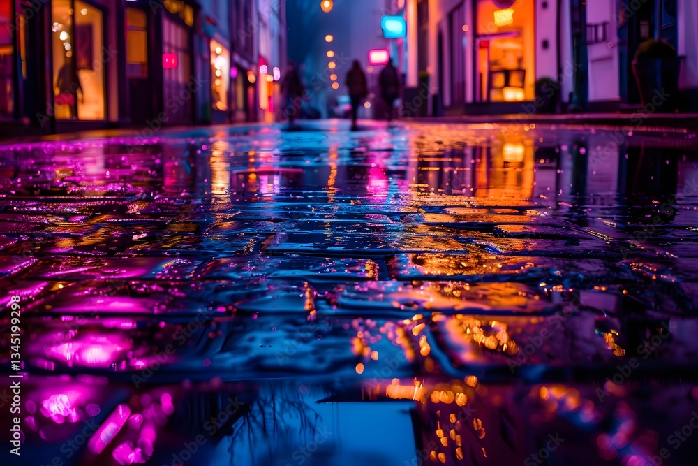 Obraz premium City Street at Night with Neon Reflections in Puddles After Rain
