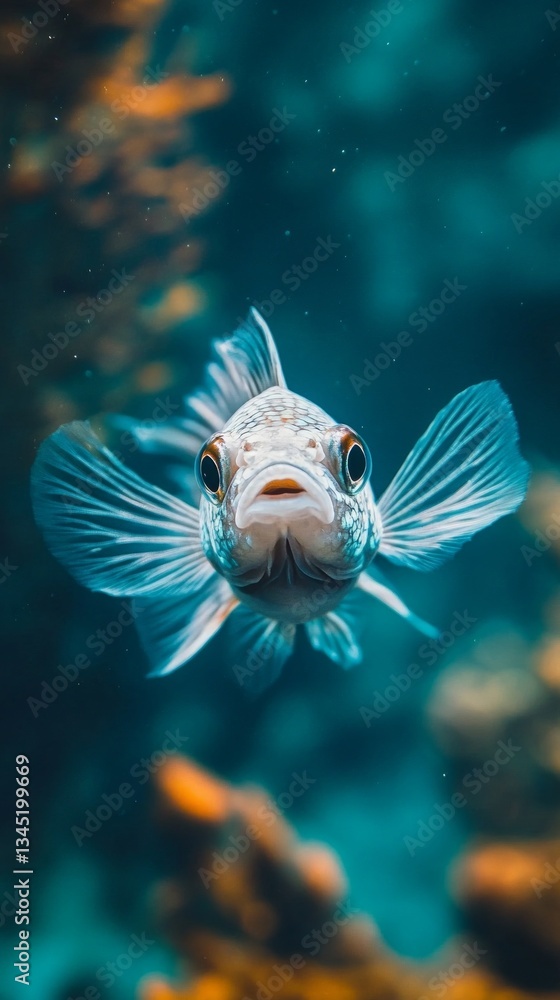 A close-up front view of a betta fish in the ocean