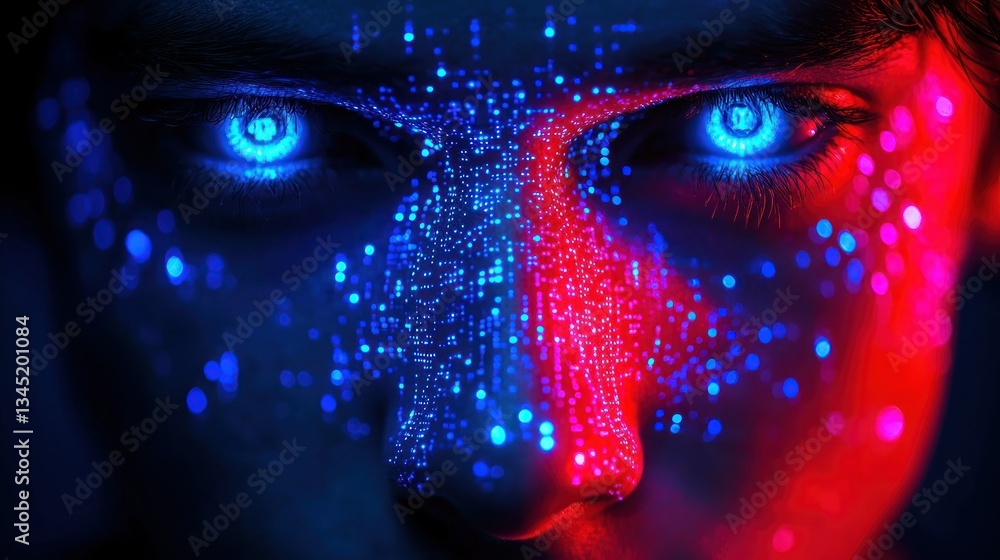Naklejka premium Person's face with glowing blue eyes and digital light effect. Dramatic lighting