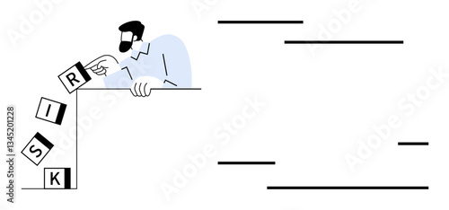 Person cautiously handling stacked blocks labeled RISK, emphasizing decision-making, risk management, and strategy. Ideal for business, investments, safety, balance responsibility innovation. Flat