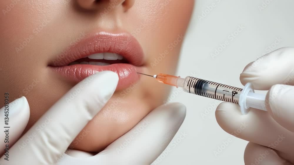 Lip enhancement procedure showing a close-up of the injection process in a beauty clinic setting Lip enhancement procedure showing a close-up of the injection process in a beauty clinic setting