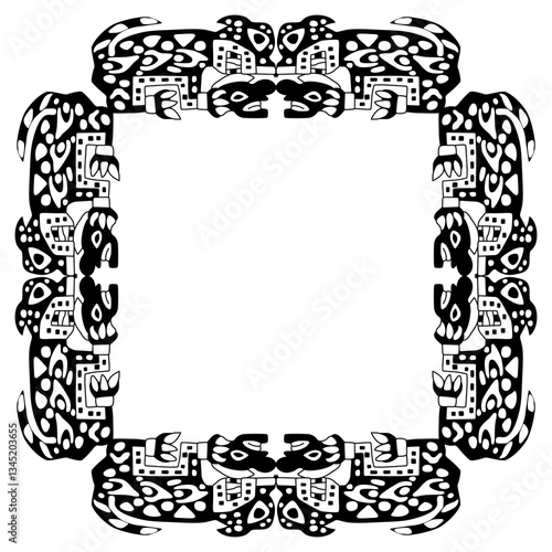 Square animal frame with fantastic monster cats holding human heads. Native American ethnic motif from ancient Peru. Wari or Huari Andean culture. Black and white silhouette.
