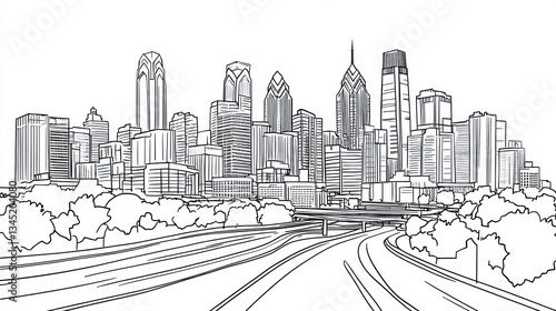 Philadelphia Skyline Line Drawing, Cityscape, Urban, Highway, Background
