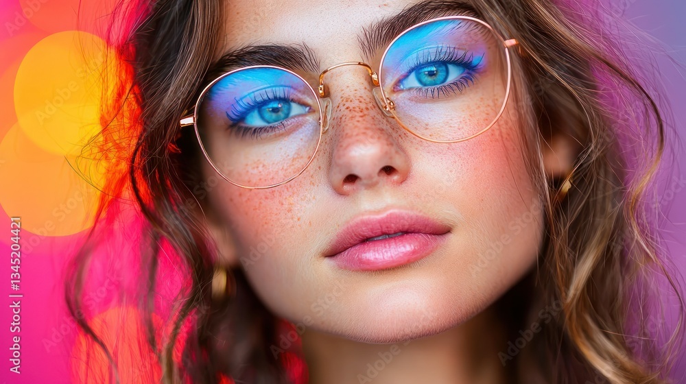 Obraz premium Portrait of woman with glasses and light reflections on colorful background