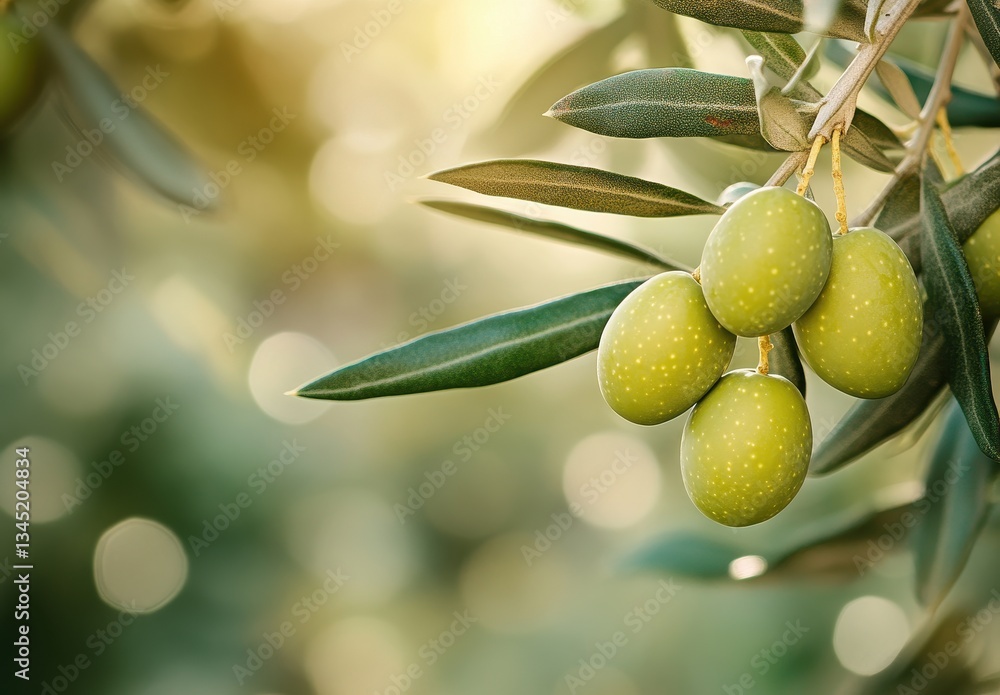 Fresh Green Olives on Olive Tree Branch with Soft Focus Background and Sunlit Bokeh Creating a Tranquil, Natural Atmosphere in a Mediterranean Landscape Fresh Green Olives on Olive Tree Branch with Soft Focus Background and Sunlit Bokeh Creating a Tranquil, Natural Atmosphere in a Mediterranean Landscape