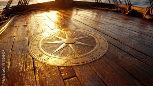 Fototapeta Naklejka Na Ścianę i Meble -  Golden compass on a weathered wooden deck at sunset