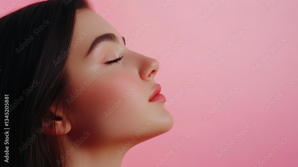 Profile of a serene young woman with closed eyes against a soft pink background, evoking tranquility and beauty Profile of a serene young woman with closed eyes against a soft pink background, evoking tranquility and beauty