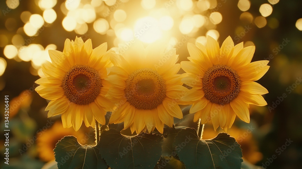 Fototapeta premium A trek through a sunflower field with golden blooms and a warm sunset 