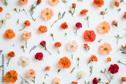 Floral pattern. Pretty flowers on a white background. Printing with small orange, red, and pink flowers. Ditsy print. Spring Bouquet.A white background, red and orange small flowers