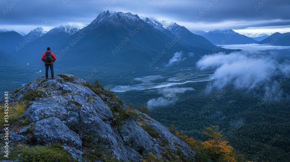 A hiker standing on a ridge with panoramic views of a valley and distant mountains A hiker standing on a ridge with panoramic views of a valley and distant mountains