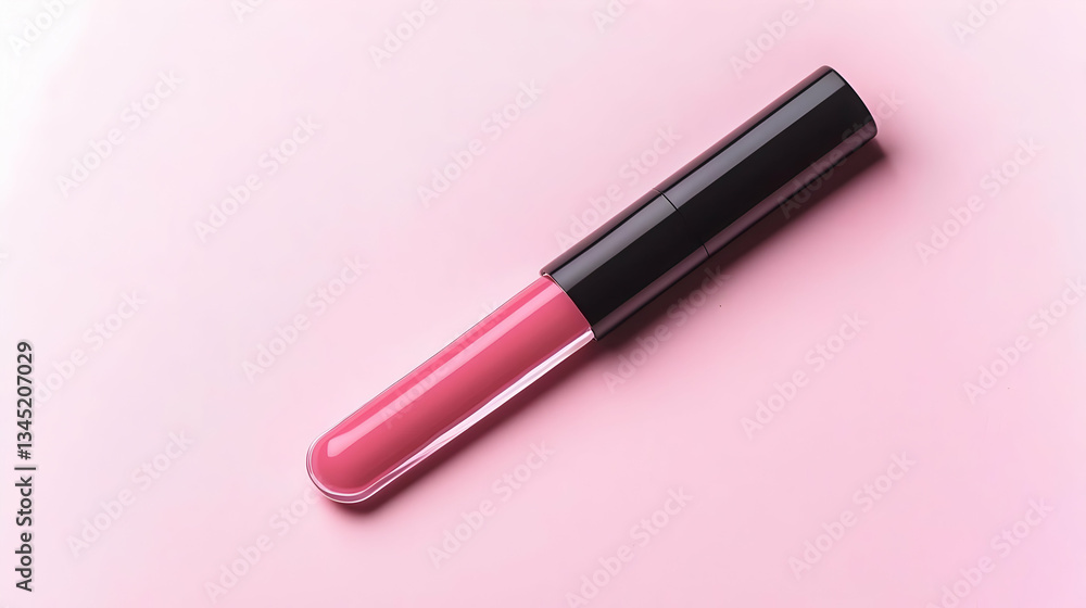 Pink Lipstick With Black Lid Isolated On Pink Background In Studio Lighting Pink Lipstick With Black Lid Isolated On Pink Background In Studio Lighting