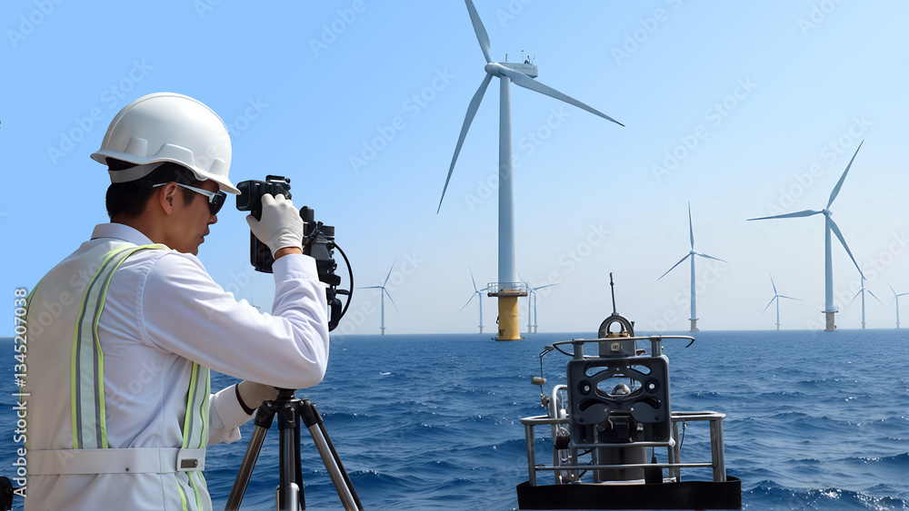 Male engineer observing offshore wind turbines with telescope against clear blue sky