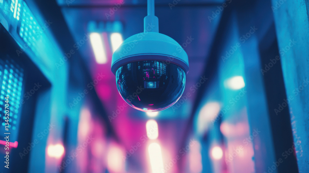 Futuristic surveillance camera in neon-lit corridor capturing security footage