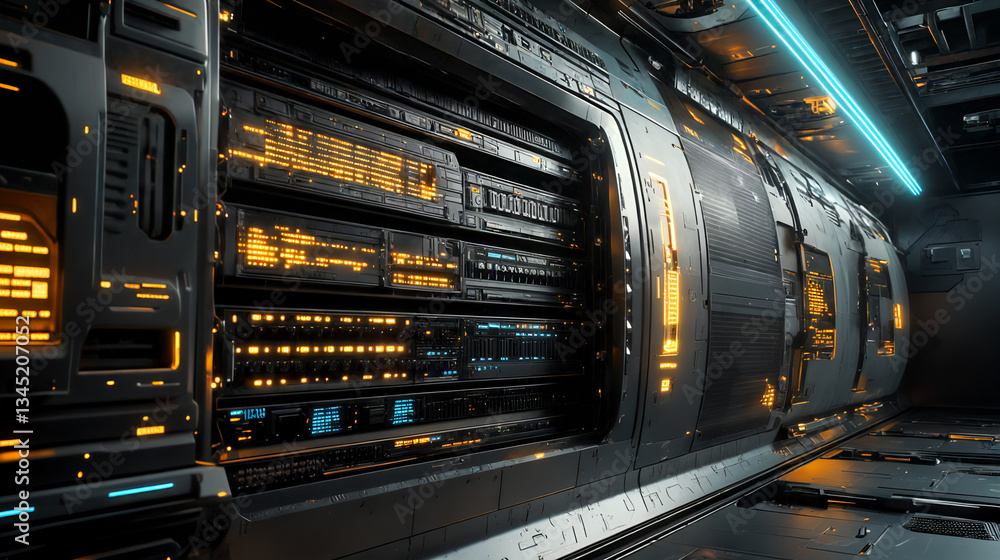 Futuristic spacecraft interior with advanced technology and illuminated control panels