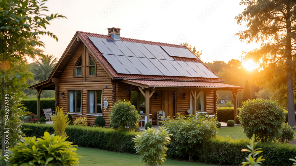 Cozy log cabin at sunset with solar panels in lush greenery and serene garden landscape