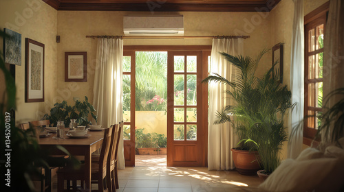 Obraz na płótnie Sunlit dining room with plants and open patio doors leading to a lush garden w salonie