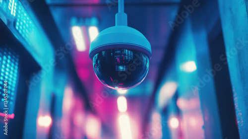 Obraz na płótnie Futuristic surveillance camera in neon-lit corridor capturing security footage w salonie