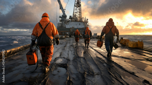 Obraz na płótnie Offshore workers in orange gear walk on oil rig at sea during vibrant sunset w salonie