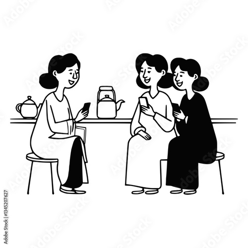 Group of mothers gossiping in a cafe notion style illustration