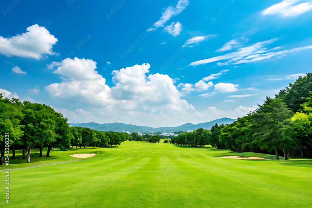 Scenic golf course landscape with green fairway and blue sky Scenic golf course landscape with green fairway and blue sky