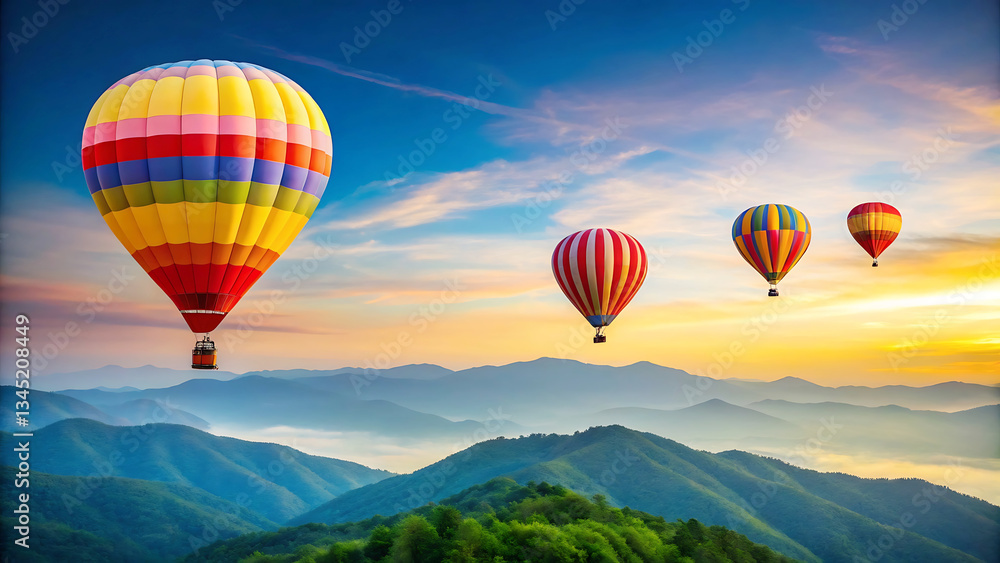 Fototapeta premium Scenic hot air balloons flying over mountain landscape at sunset
