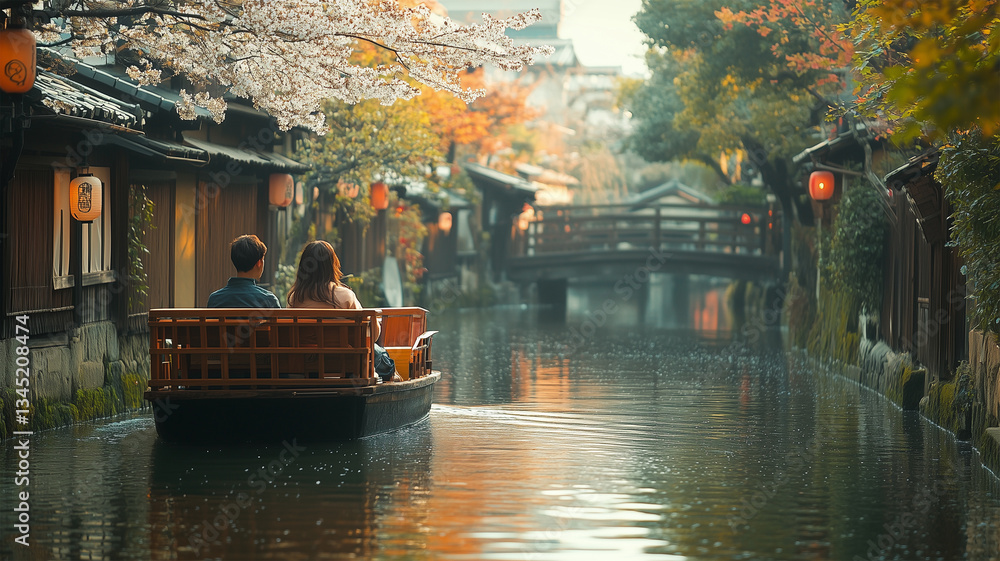 Obraz premium 和船で巡る外国人カップル — ゆったり流れる江戸情緒の水路