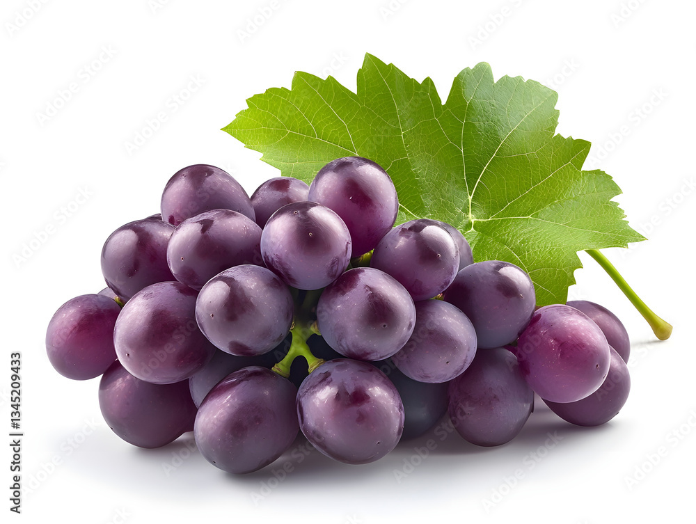 Fototapeta premium A bunch of plump purple grapes with a fresh green vine curling around them, ultra-realistic, soft lighting, isolated, no background