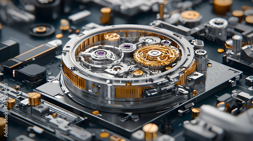 Detailed Close-Up Of A Mechanical Watch Movement On Circuit Board