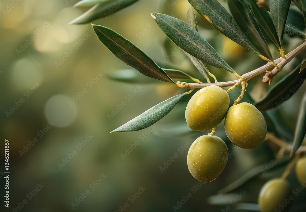 Fresh Olive Branch with Plump Green Olives Surrounded by Lush Leaves in a Natural Setting Captured in Soft Focus and Warm Lighting Fresh Olive Branch with Plump Green Olives Surrounded by Lush Leaves in a Natural Setting Captured in Soft Focus and Warm Lighting