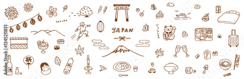 日本文化や観光の手書きベクターイラストアイコンセット。日本の食事や自然。日本旅行のイメージ。