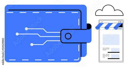 Digital wallet with circuit lines, smartphone interface resembling storefront, and cloud symbol emphasizing e-commerce, fintech, and digital connectivity. Ideal for online payment, cloud storage