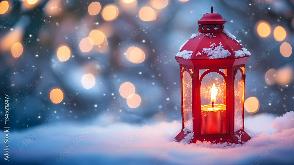 Illuminated Lantern in Snowy Scene: A close-up shot of a vibrant red lantern, its candle casting a warm glow amidst a serene winter wonderland. Illuminated Lantern in Snowy Scene: A close-up shot of a vibrant red lantern, its candle casting a warm glow amidst a serene winter wonderland.