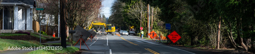 Fotografi Public road works project, flagger managing traffic on one lane road, excavator