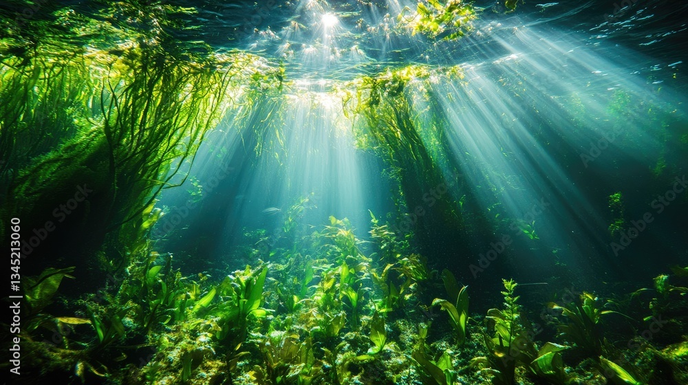 Obraz premium Underwater Landscape with Sunlight Rays and Lush Green Plants Illuminated by Ocean Water