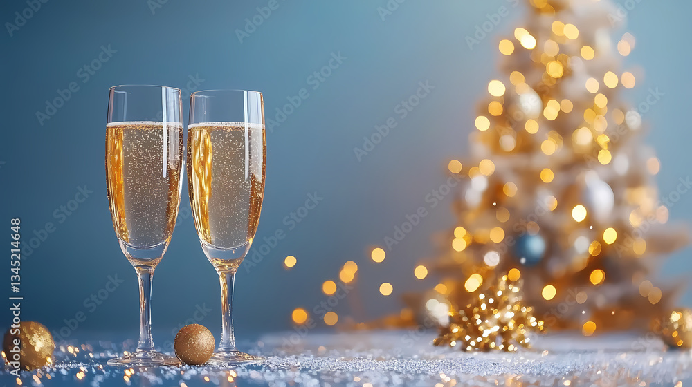Festive Toast: Two champagne flutes sparkle beside a blurred, softly lit Christmas tree, capturing the spirit of celebration and joy. Festive Toast: Two champagne flutes sparkle beside a blurred, softly lit Christmas tree, capturing the spirit of celebration and joy.