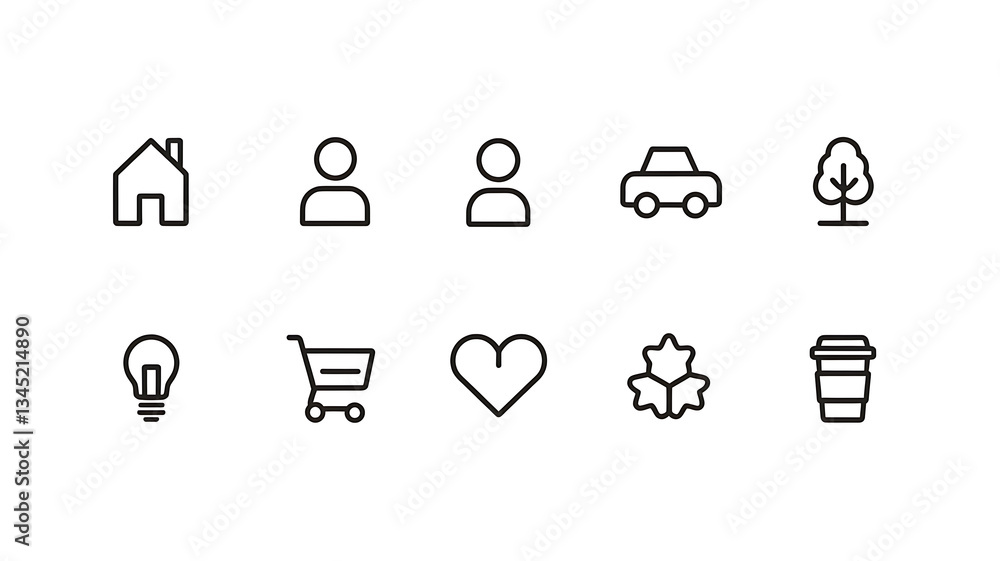 Fototapeta premium Simple line icons for home people car tree lightbulb shopping cart heart snowflake coffee cup