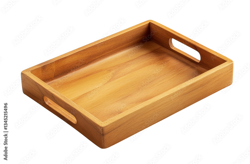 Rectangular wooden tray with handles on the sides, on a transparent background Rectangular wooden tray with handles on the sides, on a transparent background