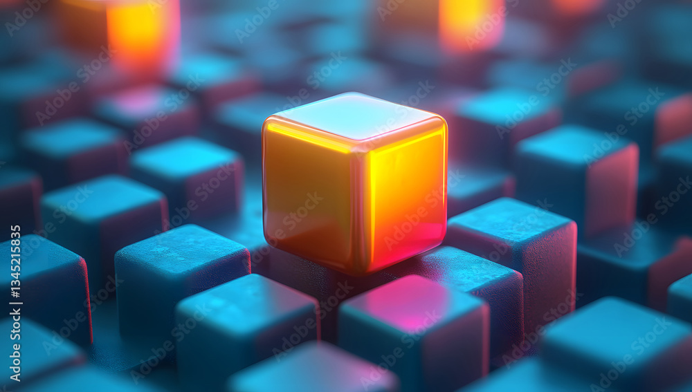 Vibrant 3D Render Orange Cube Stands Out Among Teal Blocks Vibrant 3D Render Orange Cube Stands Out Among Teal Blocks