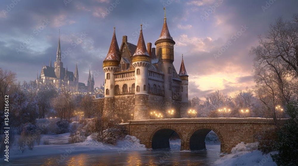 Obraz premium Enchanting winter castle at dusk with snow-covered landscape