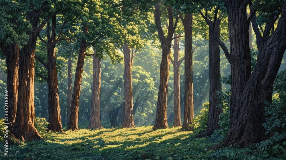 Fototapeta premium Serene Forest Landscape with Sunlight Filtering Through Tall Trees Amidst Lush Greenery and Vibrant Underbrush