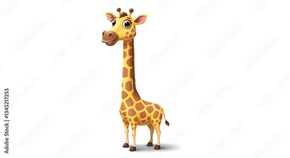 Obraz premium Cute cartoon giraffe with a friendly smile on a white background.