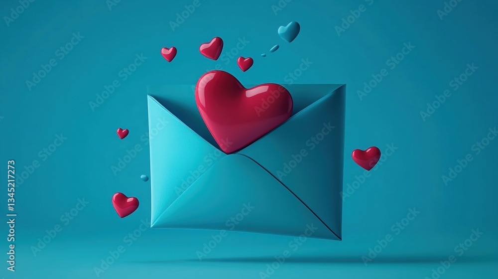 Floating red hearts around a blue envelope on teal background Floating red hearts around a blue envelope on teal background