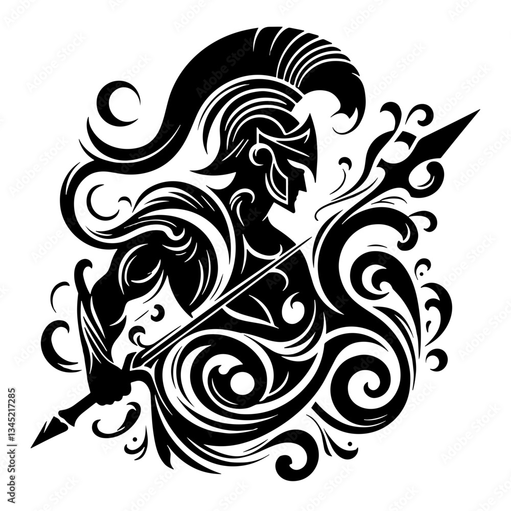 Fototapeta premium Icon of a black-and-white warrior with a helmet and spear, minimalist style, dynamic swirling patterns