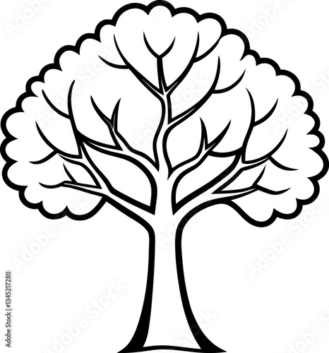 Stylized Tree Silhouette with Branches and Foliage in Simple Black and White Design for Decoration