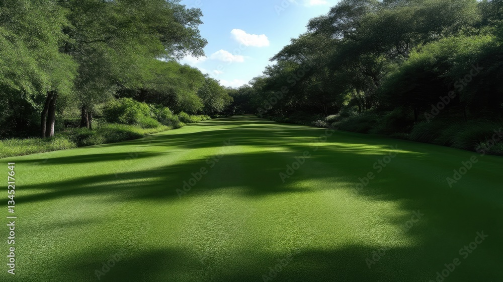 Lush green waterway flanked by trees. Sun-dappled shadows dance across the vibrant expanse Lush green waterway flanked by trees. Sun-dappled shadows dance across the vibrant expanse