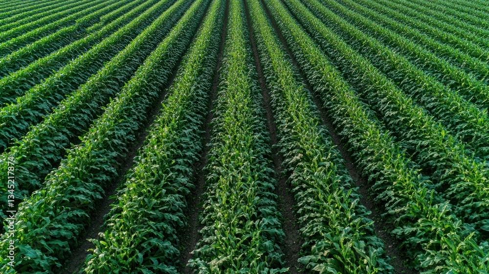 Rows of green plants growing in a field stretch into the distance Rows of green plants growing in a field stretch into the distance