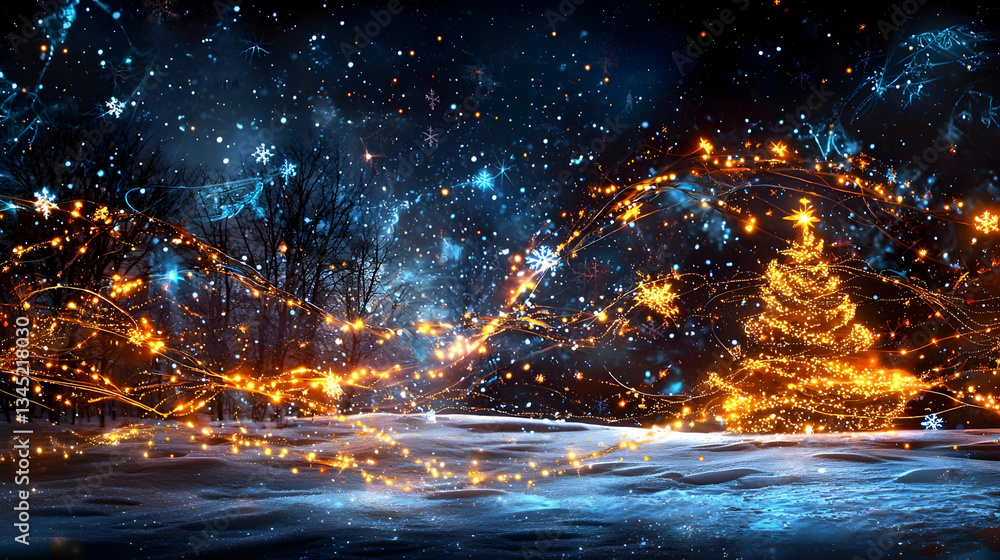 Winter Night Landscape With Glowing Lights And Snow Winter Night Landscape With Glowing Lights And Snow